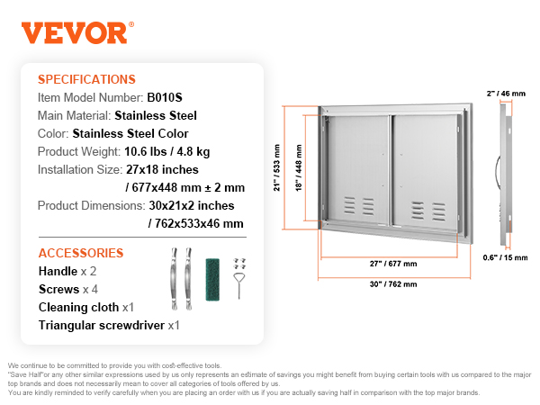 VEVOR bbq access door stainless steel color, 27x18 inches installation size, handles, screws included.