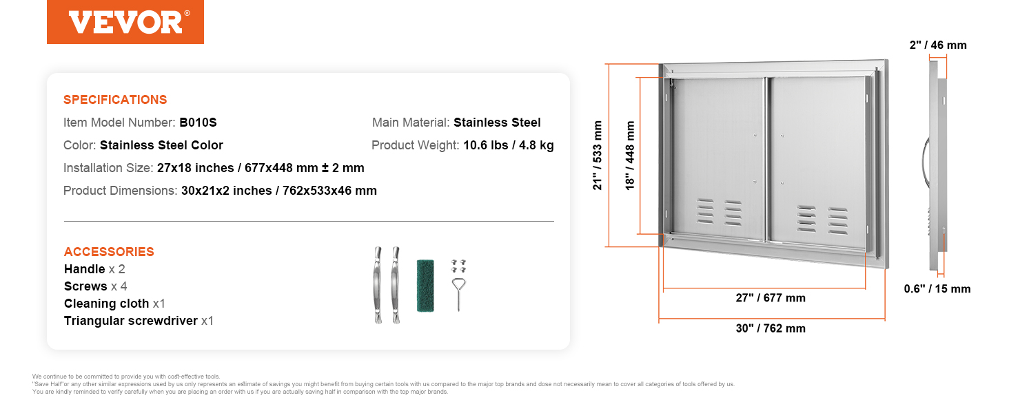 VEVOR bbq access door stainless steel color, 27x18 inches installation size, handles, screws included.