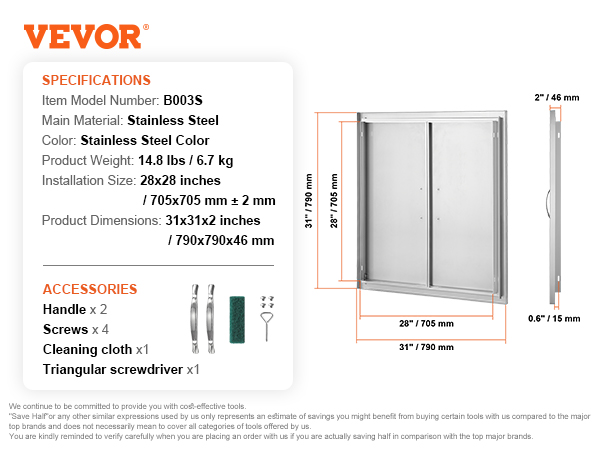 specifications and dimensions of VEVOR bbq access door b003s, stainless steel, with accessories.