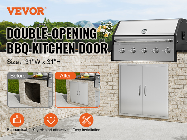 VEVOR double-opening bbq kitchen door, 31"w x 31"h, installed in outdoor brick grill station.