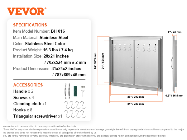 VEVOR bbq access door stainless steel dimensions and accessories, including handles, hooks, and screws.