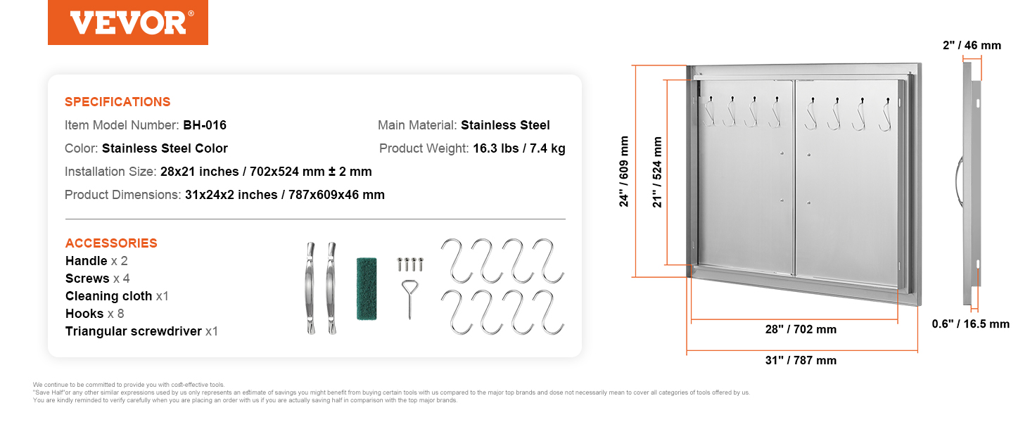 VEVOR bbq access door stainless steel dimensions and accessories, including handles, hooks, and screws.