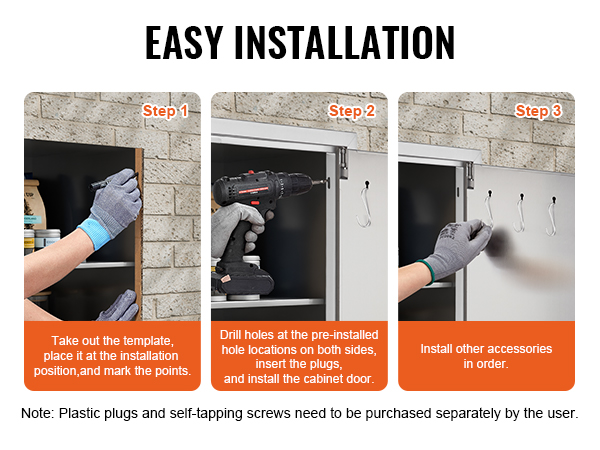 easy installation process for VEVOR bbq access door in three steps, including template marking, drilling, and accessory installation.