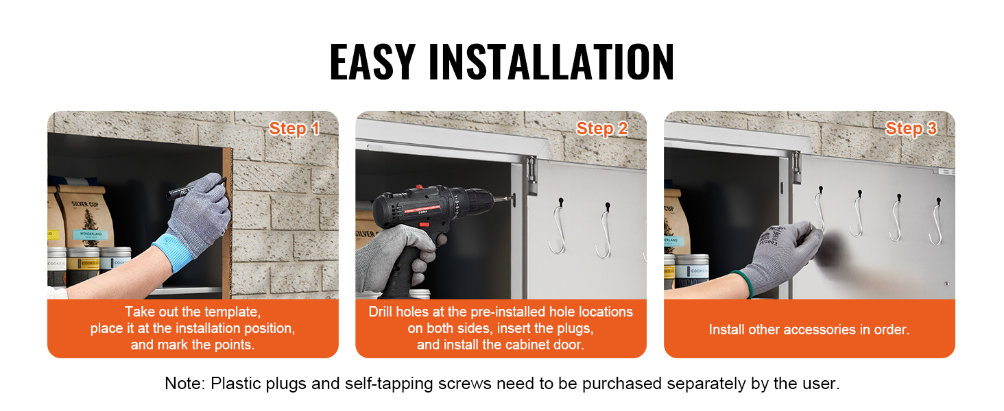 easy installation process for VEVOR bbq access door in three steps, including template marking, drilling, and accessory installation.