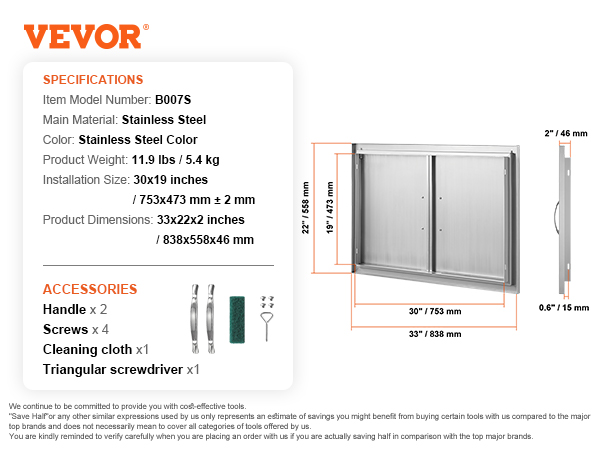 VEVOR bbq access door, stainless steel, dimensions 33x22x2 inches, includes handles and screws.