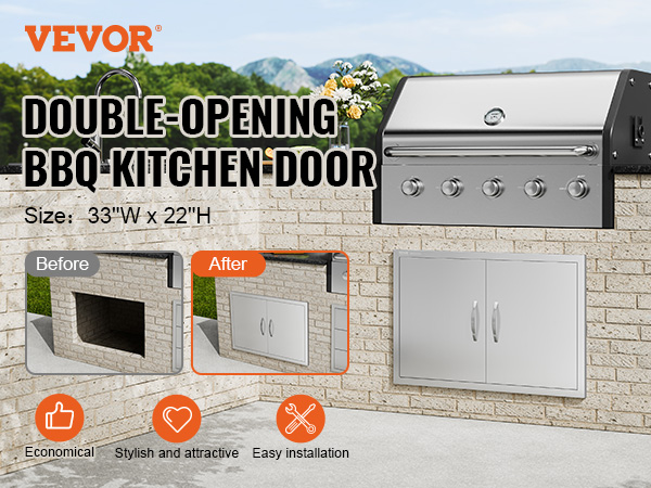 VEVOR bbq access door: double-opening bbq kitchen door, 33"w x 22"h, with before and after images.