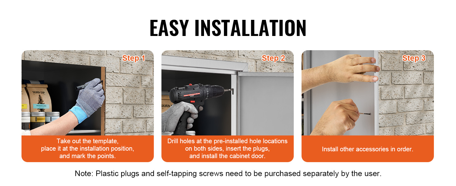 easy installation steps for VEVOR bbq access door: template placement, hole drilling, and accessory installation.