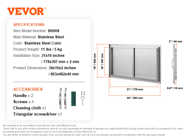 VEVOR bbq access door, stainless steel, model b006s, dimensions 34x19x2 inches, includes handles and screws.
