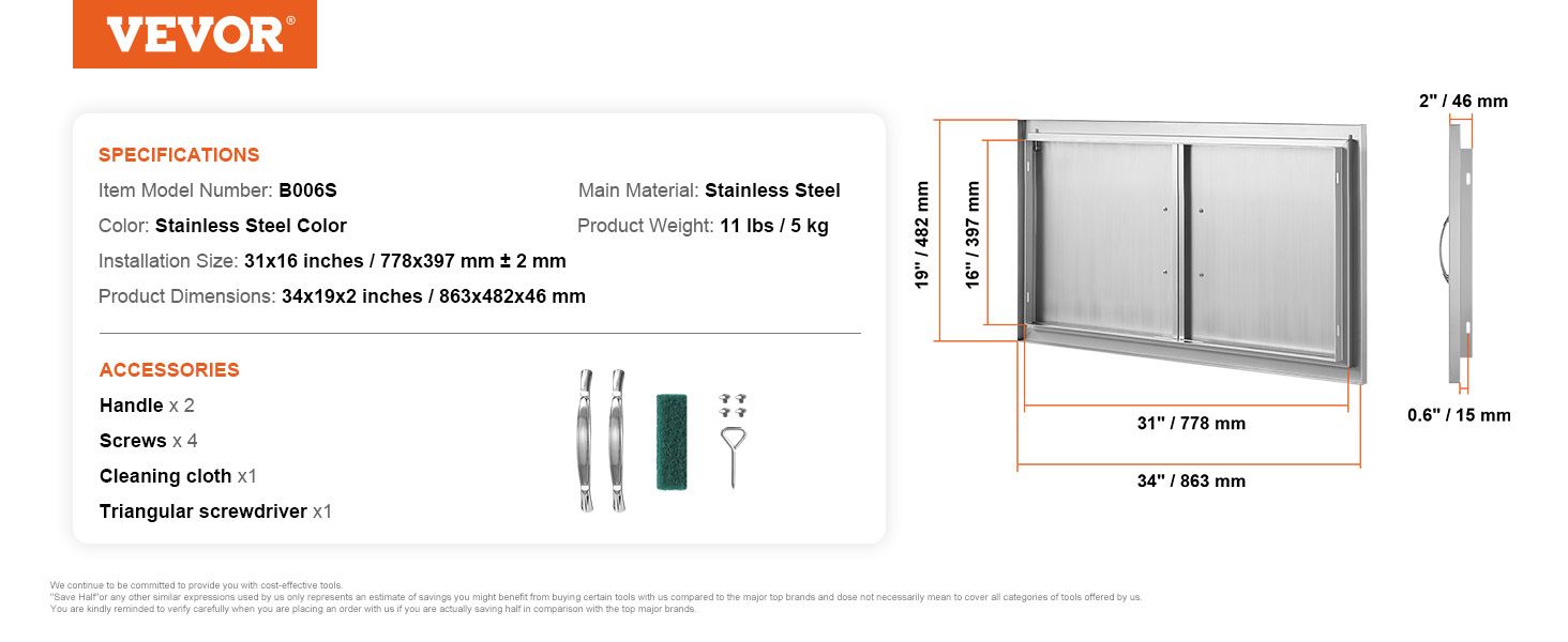 VEVOR bbq access door, stainless steel, model b006s, dimensions 34x19x2 inches, includes handles and screws.