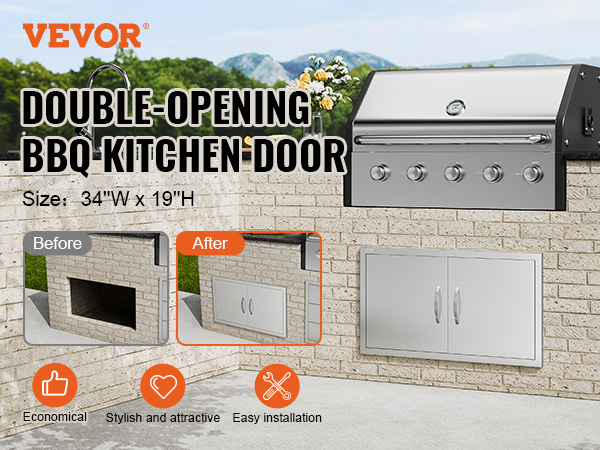 VEVOR bbq access door - double-opening, stainless steel, fits 34"w x 19"h, easy install, stylish upgrade.