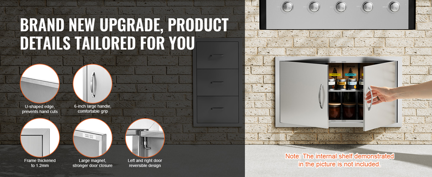 VEVOR bbq access door with u-shaped edge, large handle, magnet closure, reversible design, thickened frame.