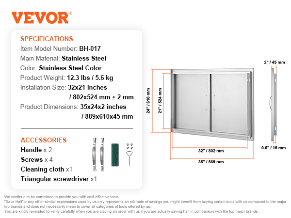 VEVOR bbq access door, stainless steel, model bh-017, includes handles, screws, cleaning cloth, and screwdriver.