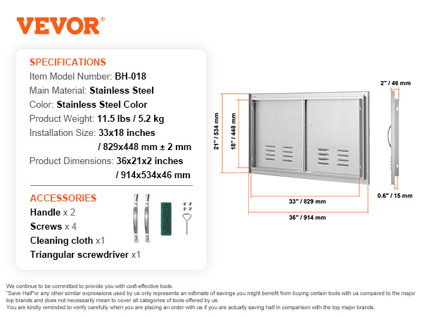 VEVOR bbq access door, stainless steel, 36x21 inches dimensions, includes handle, screws, and cleaning cloth.