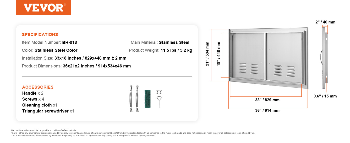 VEVOR bbq access door, stainless steel, 36x21 inches dimensions, includes handle, screws, and cleaning cloth.