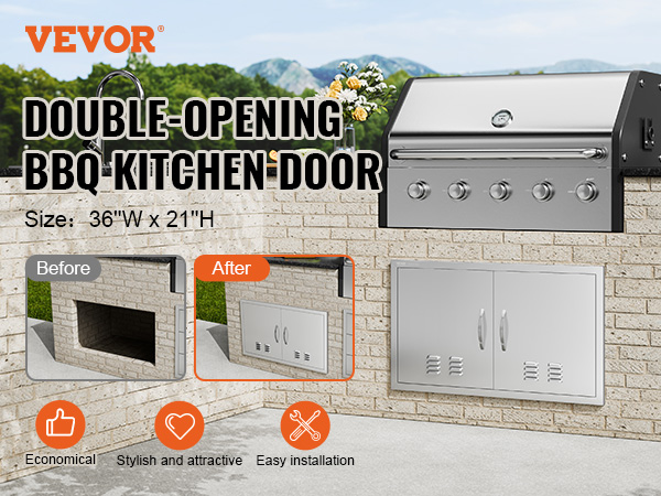 VEVOR bbq access door in a brick outdoor kitchen, size 36"w x 21"h, with before-and-after installation.