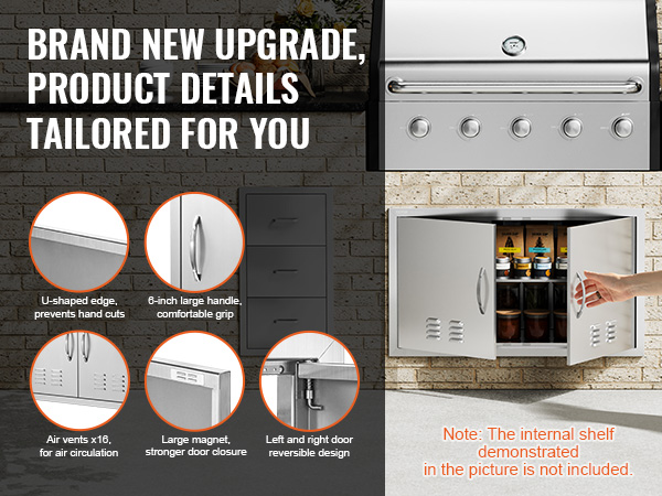 VEVOR bbq access door with air vents, large handle, u-shaped edge, and magnetic closure on brick wall.