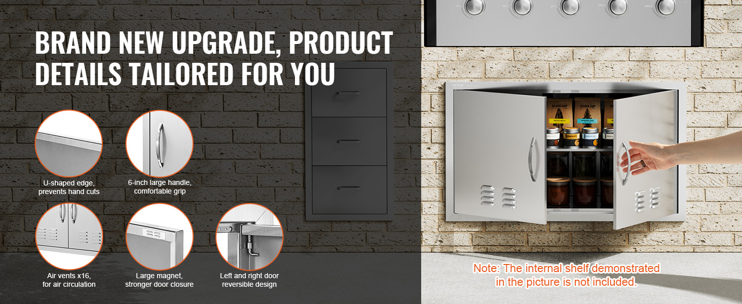 VEVOR bbq access door with air vents, large handle, u-shaped edge, and magnetic closure on brick wall.