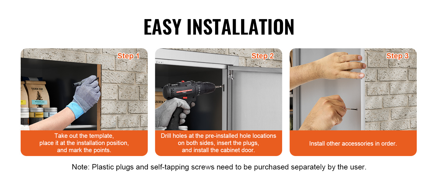 easy installation steps for VEVOR bbq access door: template setup, drilling, and accessory installation.