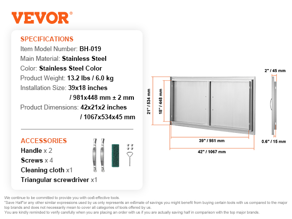 VEVOR bbq access door, stainless steel, 42x21x2 inches, includes handles, screws, cleaning cloth, and screwdriver.