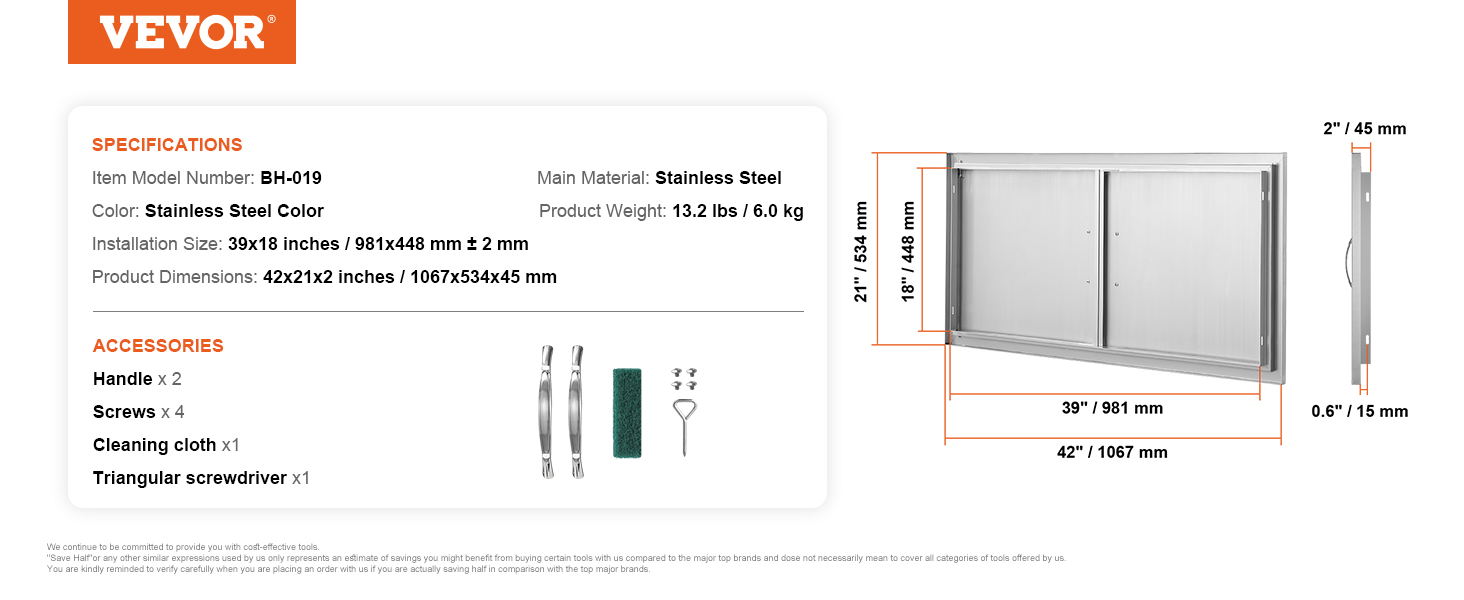 VEVOR bbq access door, stainless steel, 42x21x2 inches, includes handles, screws, cleaning cloth, and screwdriver.