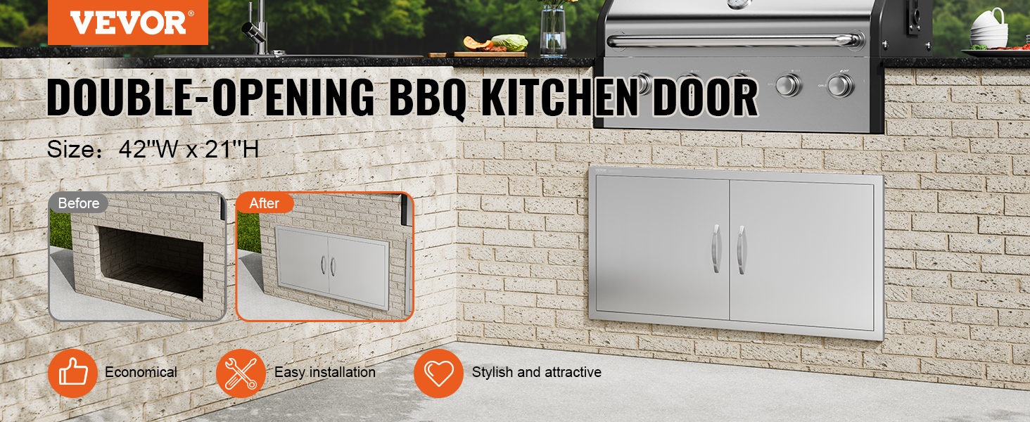 VEVOR bbq access door, double-opening, 42"w x 21"h, stainless steel, easy installation, stylish.