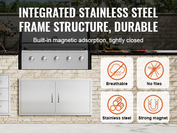VEVOR bbq access door with stainless steel frame, features breathable, no flies, strong magnet icons.