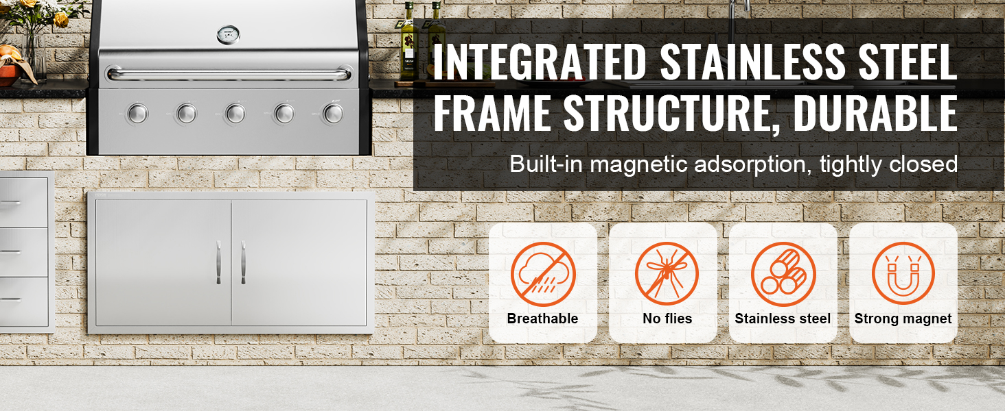 VEVOR bbq access door with stainless steel frame, features breathable, no flies, strong magnet icons.