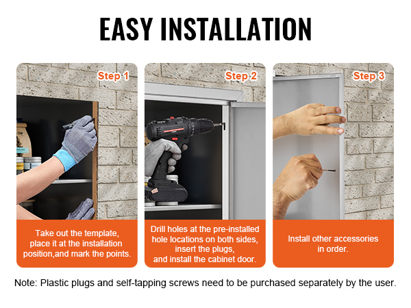 easy installation steps for VEVOR cabinet door: mark points, drill holes, insert accessories.