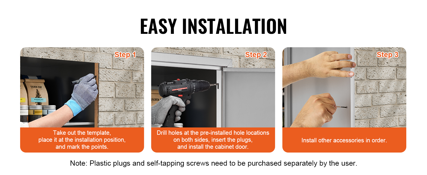 easy installation steps for VEVOR cabinet door: mark points, drill holes, insert accessories.