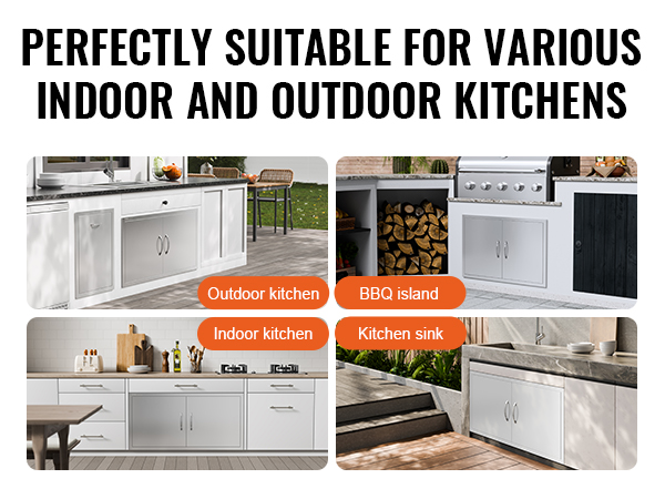 VEVOR bbq access door in outdoor kitchen, bbq island, indoor kitchen, and kitchen sink settings.