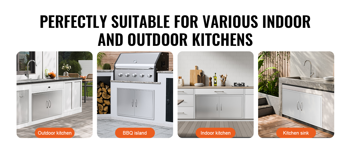 VEVOR bbq access door in outdoor kitchen, bbq island, indoor kitchen, and kitchen sink settings.