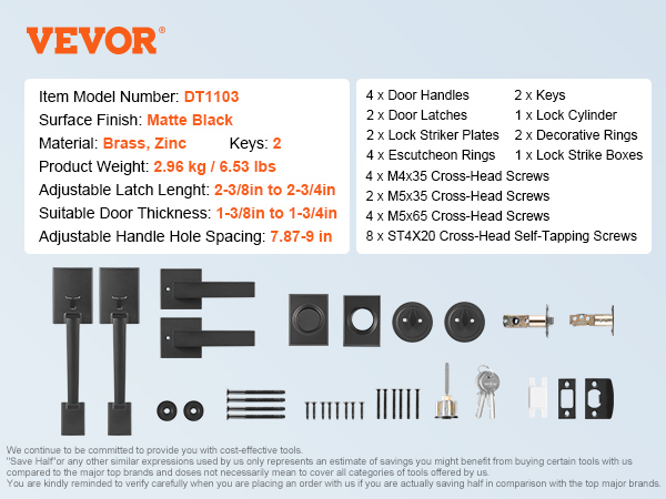 VEVOR double door handle set with matte black finish, brass and zinc, including keys, screws, latches.