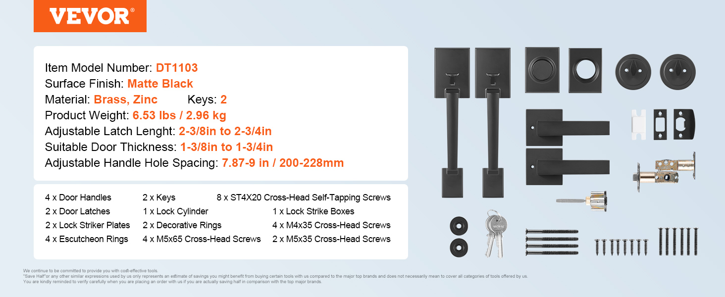 VEVOR double door handle set with matte black finish, brass and zinc, including keys, screws, latches.