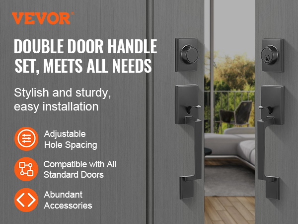 VEVOR double door handle set, stylish and sturdy, compatible with all standard doors, easy installation.