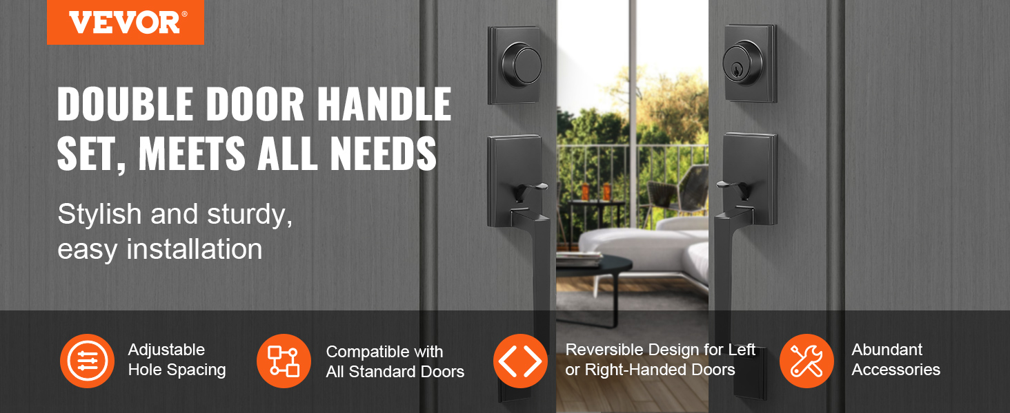 VEVOR double door handle set, stylish and sturdy, compatible with all standard doors, easy installation.