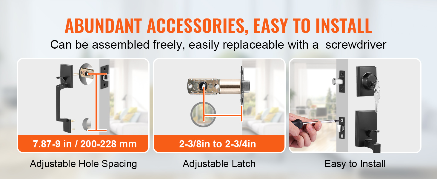 abundant accessories, easy installation steps of VEVOR double door handle set shown with adjustable hole spacing and latch.