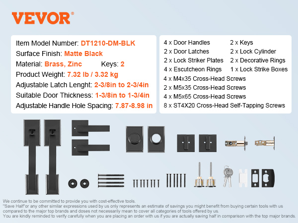 VEVOR double door handle set includes black handles, latches, keys, instructions, and mounting hardware.