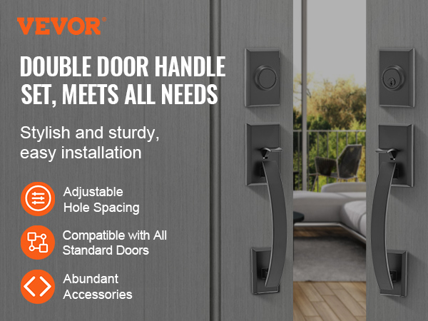 VEVOR double door handle set, adjustable hole spacing, compatible with standard doors, stylish and sturdy.