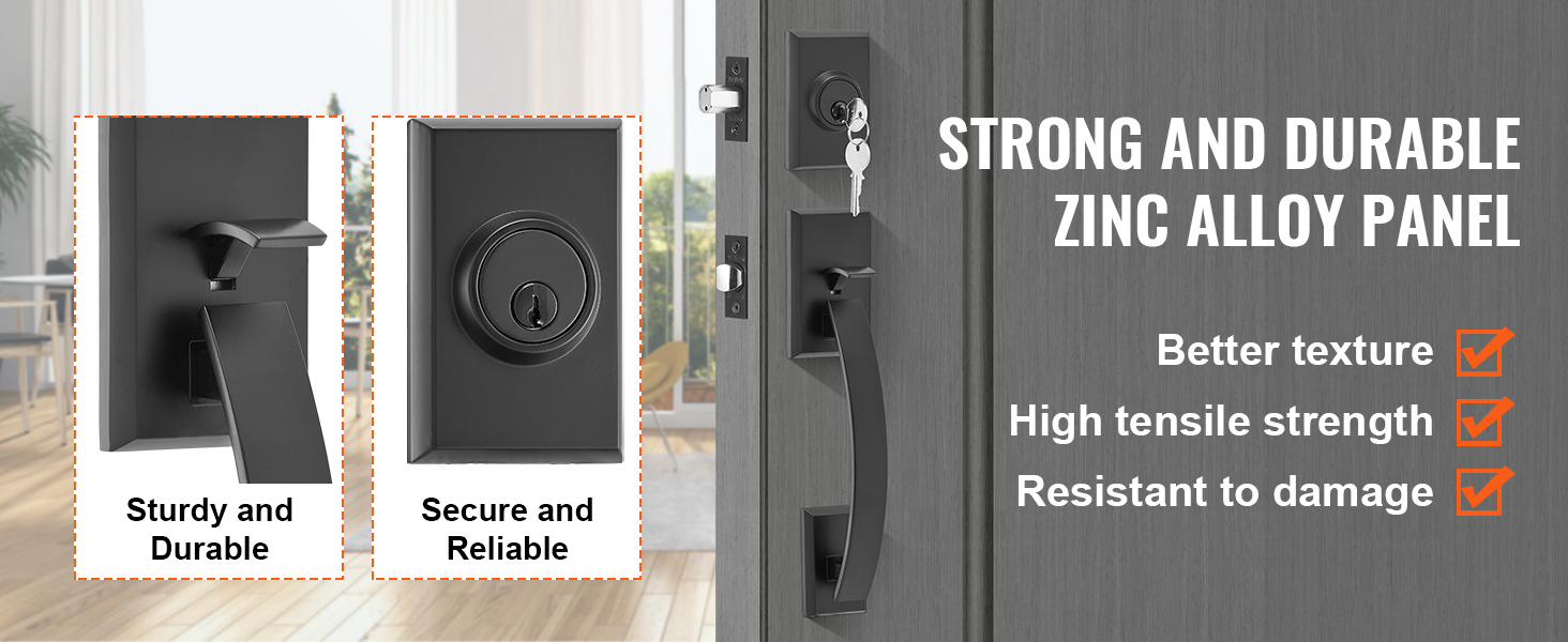 VEVOR double door handle set with strong zinc alloy panel, durable, secure, and resistant to damage.