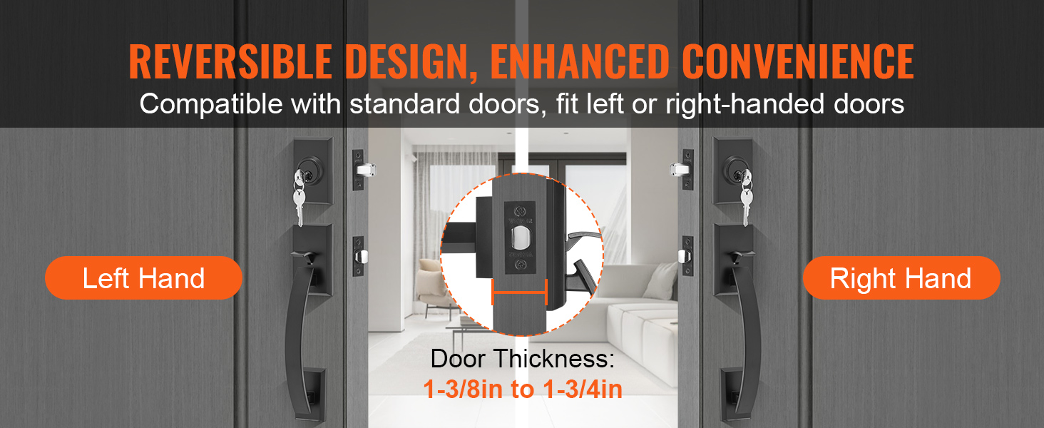 VEVOR double door handle set, reversible design for left or right-hand doors, fits standard thickness.