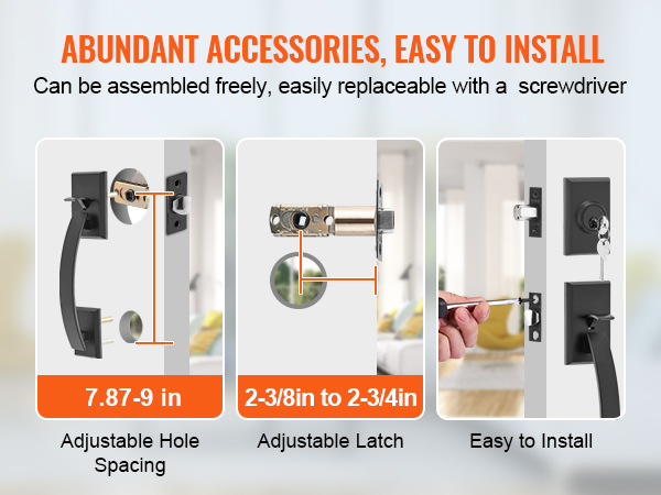 abundant accessories for easy installation of VEVOR double door handle set with adjustable hole spacing and latch.