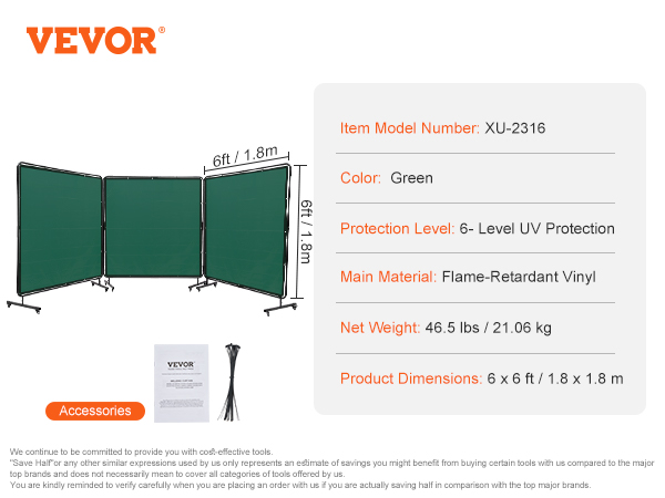 VEVOR welding screen, green, xu-2316, 6-level uv protection, flame-retardant vinyl, 6x6 ft, 24 segments.