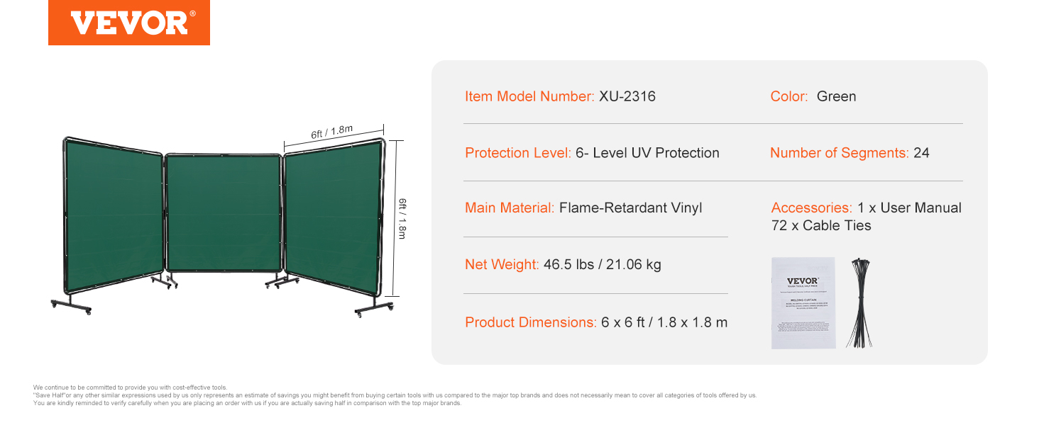VEVOR welding screen, green, xu-2316, 6-level uv protection, flame-retardant vinyl, 6x6 ft, 24 segments.
