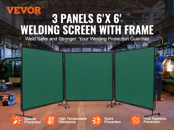 VEVOR welding screen in a factory with three green panels and a welder in the background.