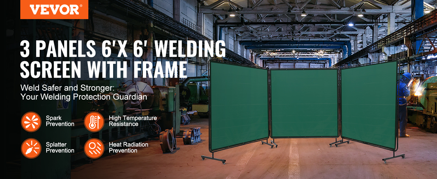 VEVOR welding screen in a factory with three green panels and a welder in the background.
