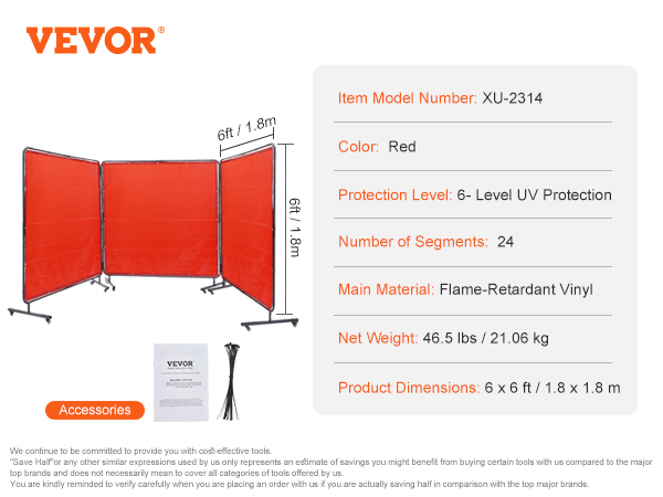 VEVOR welding screen, red, 6x6 ft, flame-retardant vinyl, 24 segments, uv protection, includes manual.