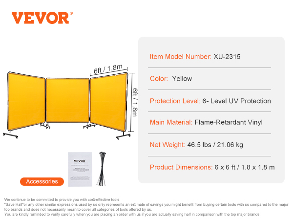 VEVOR welding screen, 6ft, yellow, flame-retardant vinyl, 6-level uv protection, 24 segments.