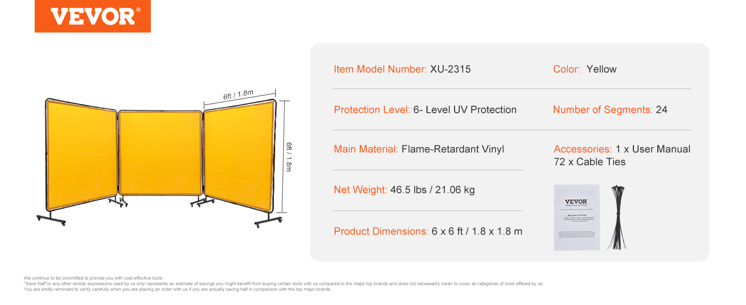 VEVOR welding screen, 6ft, yellow, flame-retardant vinyl, 6-level uv protection, 24 segments.