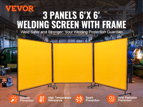 VEVOR welding screen: 3 yellow panels, 6'x6' with frame, spark and splatter prevention in industrial setting.