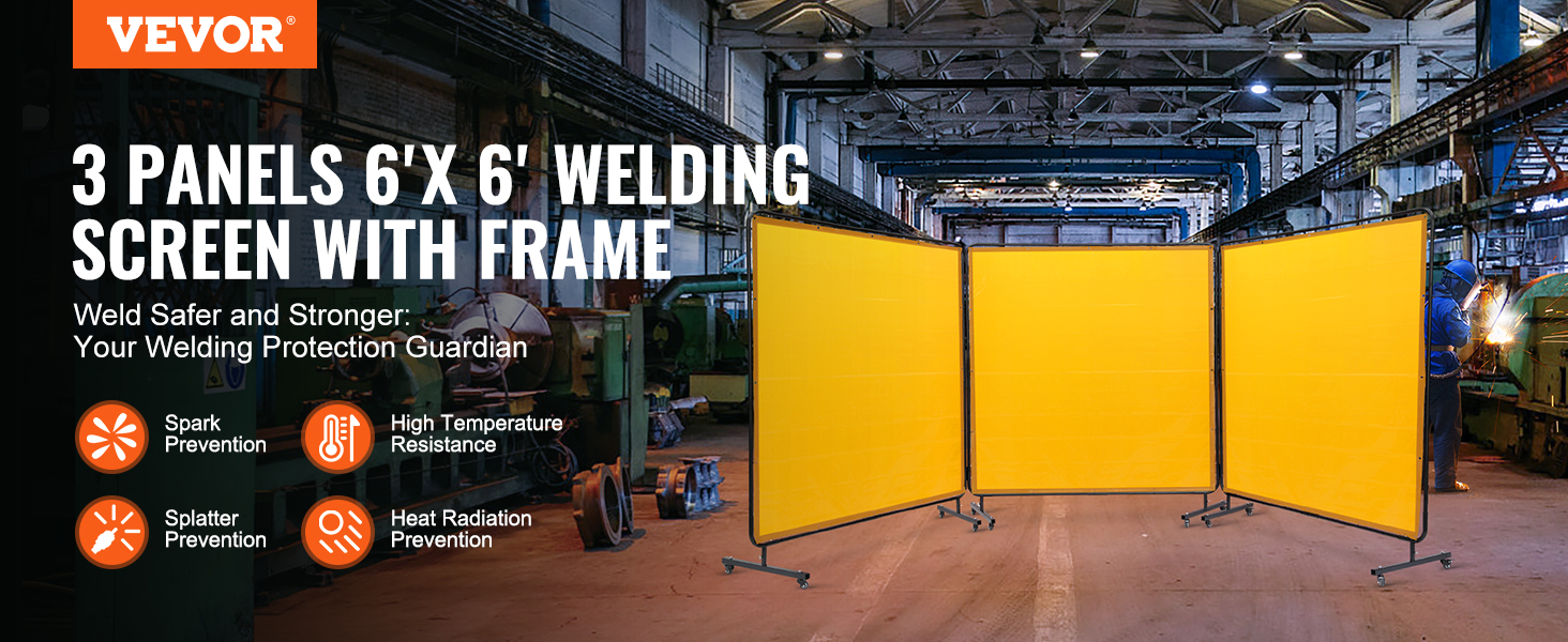 VEVOR welding screen: 3 yellow panels, 6'x6' with frame, spark and splatter prevention in industrial setting.